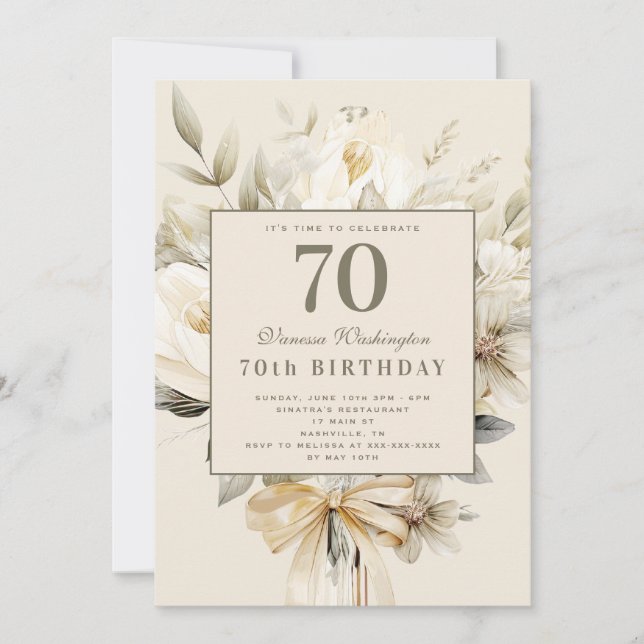 Vanilla Cream Floral 70th Birthday chic invitation (Front)