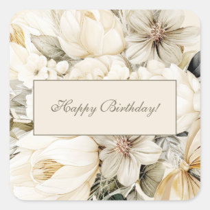 Vanilla Cream Floral Birthday Custom Square Sticker