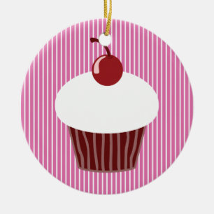 Vanilla Cupcake and Pink Stripes Ceramic Tree Decoration