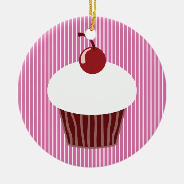 Vanilla Cupcake and Pink Stripes Ceramic Tree Decoration (Front)