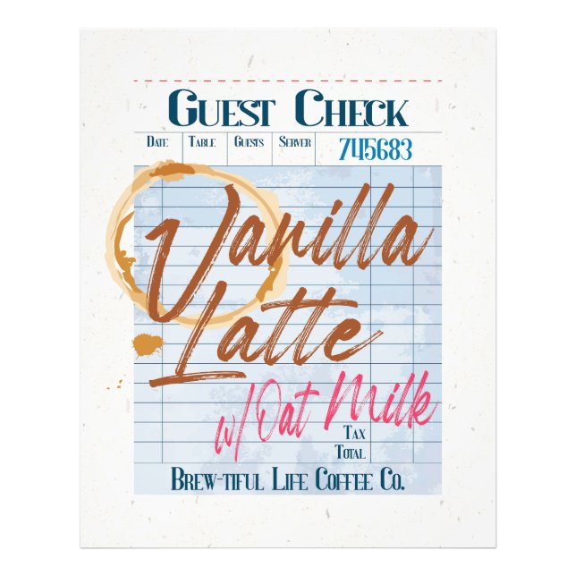 Vanilla Latte Oat Milk Coffee Guest Check Receipt  Photo Print (Front)