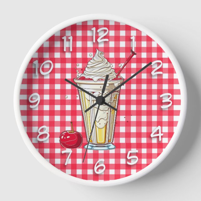 Vanilla Milkshake with Cherries Red Chequered Clock (Front)