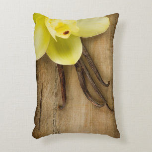 Vanilla Pods and Flower over Wooden Background Decorative Cushion