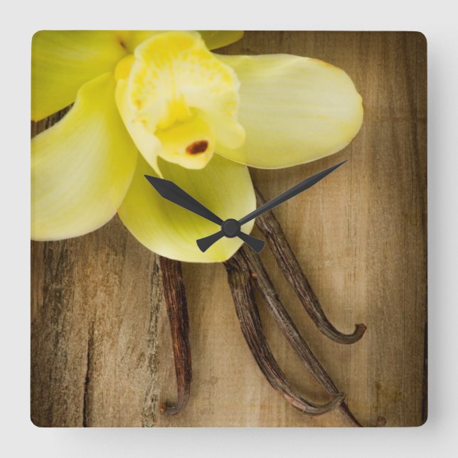 Vanilla Pods and Flower over Wooden Background Square Wall Clock (Front)