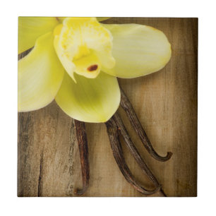Vanilla Pods and Flower over Wooden Background Tile