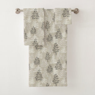 Vanilla Satin Minimalist Christmas Pine Trees  Bath Towel Set