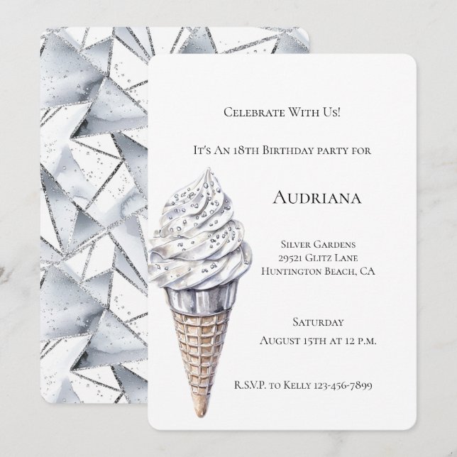 Vanilla Silver Confetti Ice Cream Cone Birthday  Invitation (Front/Back)