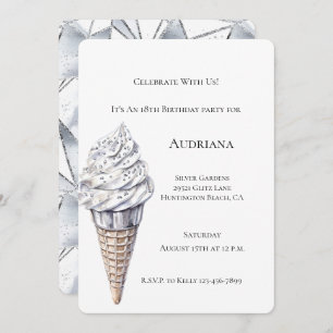 Vanilla Silver Confetti Ice Cream Cone Birthday  Invitation