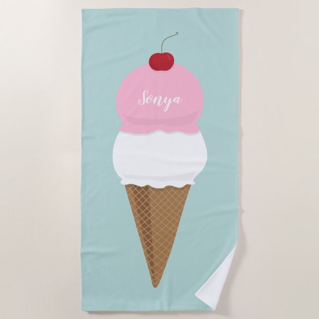 Vanilla & Strawberry Ice Cream Cone Name and Colou Beach Towel (Front)