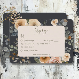 Vanilla White Boho Roses Blue Wedding Dinner RSVP Card