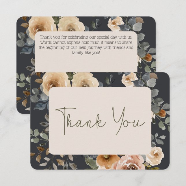 Vanilla White Boho  Roses Blue Wedding Thank You Card (Front/Back)