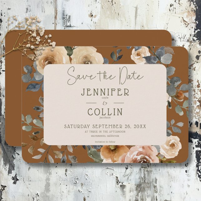 Vanilla White Boho Roses Rust Wedding Save The Date (Vanilla White Boho Roses Rust Wedding Save The Date)