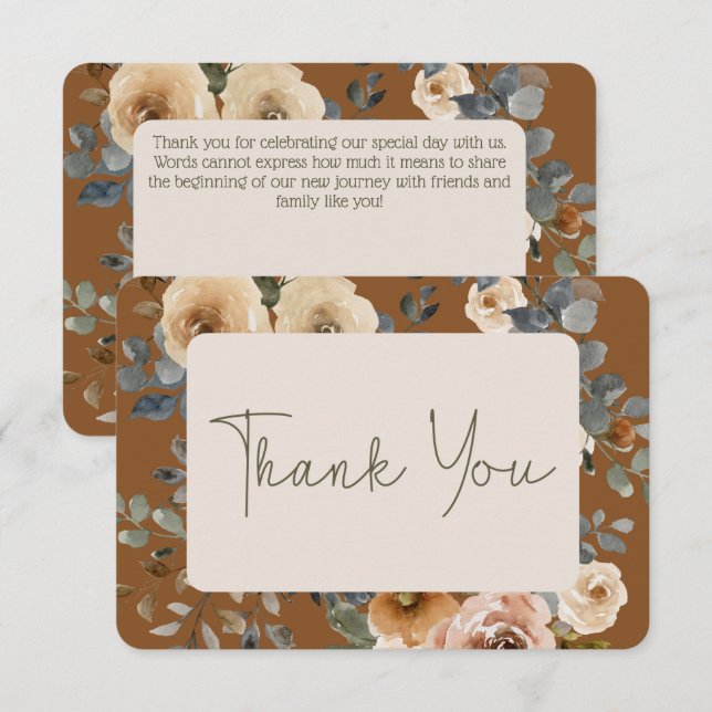 Vanilla White Boho  Roses Rust Wedding Thank You Card (Front/Back)