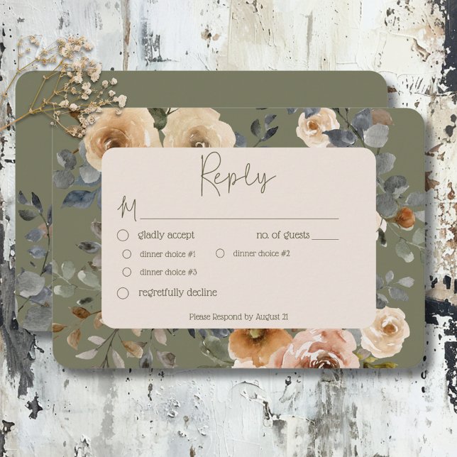 Vanilla White Boho Roses Sage Wedding Dinner RSVP Card (Vanilla White Boho Roses Sage Wedding Dinner RSVP Card)