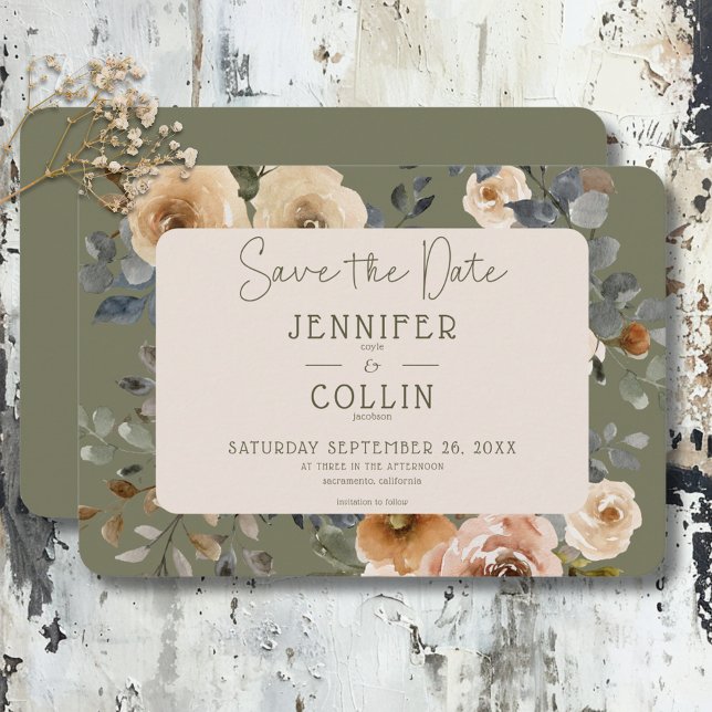 Vanilla White Boho Roses Sage Wedding Save The Date (Vanilla White Boho Roses Sage Wedding Save The Date)