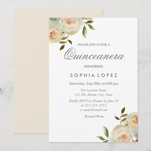 Vanilla White Cream Roses Elegant Quinceanera Invitation (Front/Back)