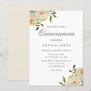 Vanilla White Cream Roses Elegant Quinceanera Invitation