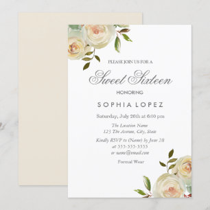 Vanilla White Cream Roses Elegant Sweet 16 Party Invitation