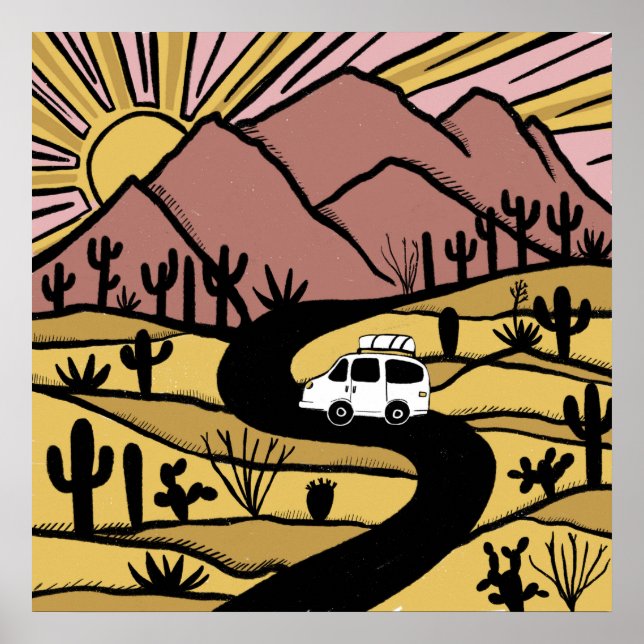 VANLIFE Desert Cacti Mountain Explore Adventure Poster (Front)