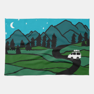 Vanlife in the Mountains Camping Moon Stars Tea Towel