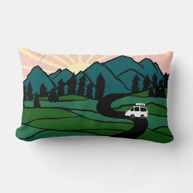 Vanlife in the Mountains Sunrise Camping Lumbar Cushion (Front)