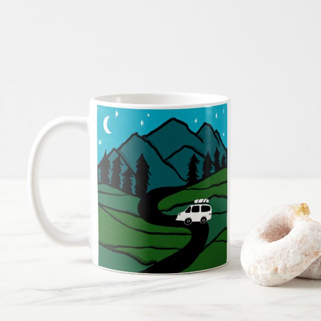 Vanlife Trees Forest Mountain Explore Moon Stars Coffee Mug (With Donut)