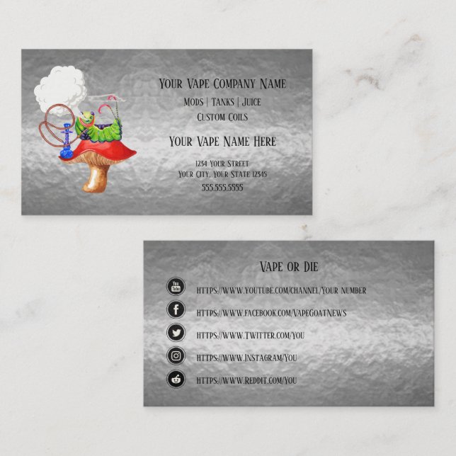 VAPE  | Hookah Silver Business Social Media Business Card (Front/Back)