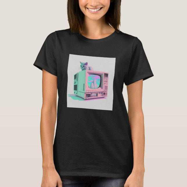 Vaperwave Aesthetic Glitch Cat Retrowave Synthwave T-Shirt (Front)