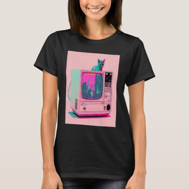 Vaperwave Aesthetic Glitch Cat Retrowave Synthwave T-Shirt (Front)