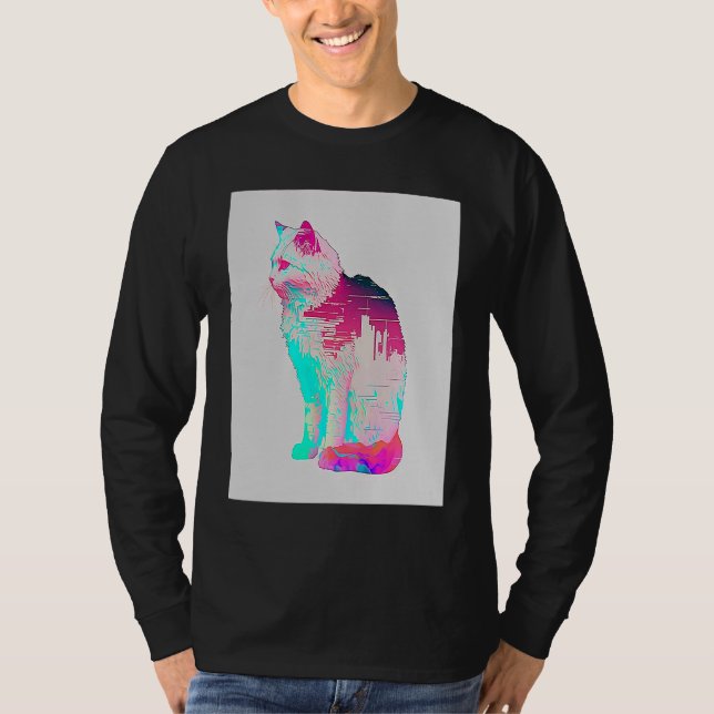 Vaperwave Aesthetic Glitch Cat Retrowave Synthwave T-Shirt (Front)