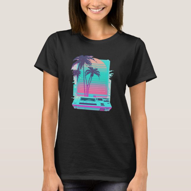 Vaperwave Aesthetic Glitch Palm Tree Retrowave Syn T-Shirt (Front)