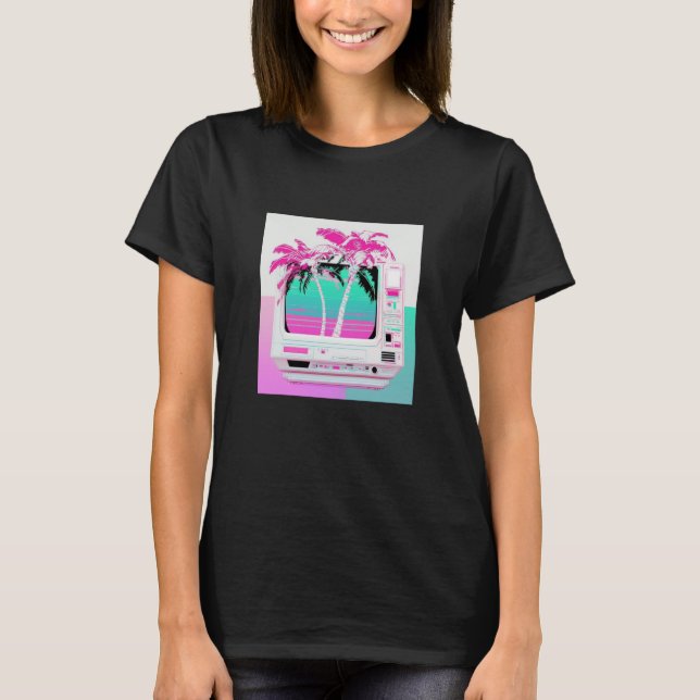 Vaperwave Aesthetic Glitch Palm Tree Retrowave Syn T-Shirt (Front)