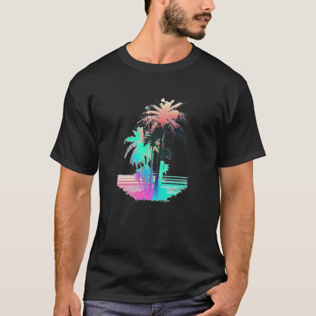 Vaperwave Aesthetic Glitch Palm Tree Retrowave Syn T-Shirt (Front)