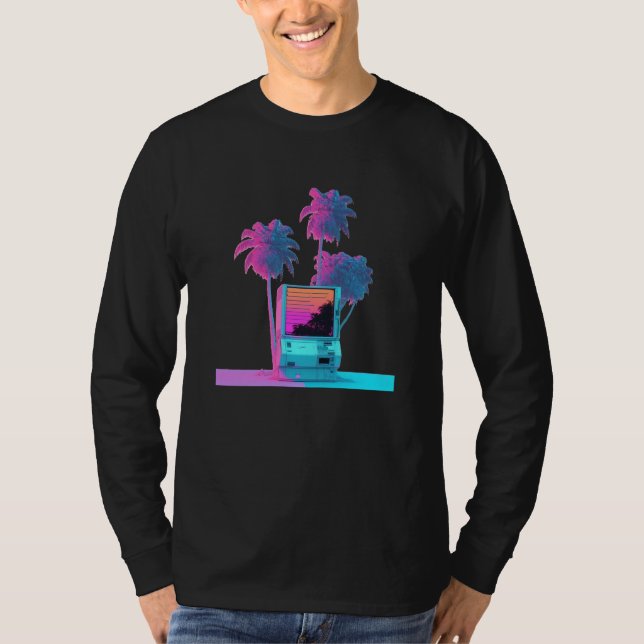 Vaperwave Aesthetic Glitch Palm Tree Retrowave Syn T-Shirt (Front)