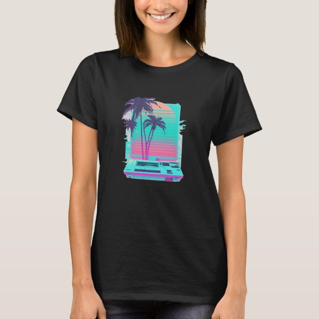 Vaperwave Aesthetic Glitch Palm Tree Retrowave Syn T-Shirt (Front)