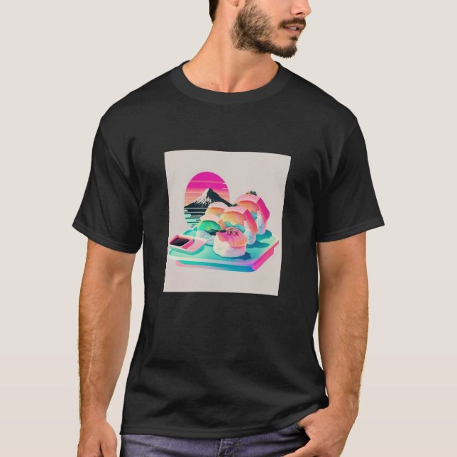 Vaperwave Aesthetic Glitch Sushi Retrowave Synthwa T-Shirt (Front)