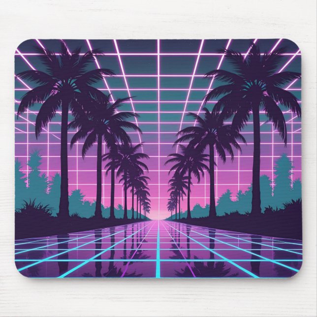 Vaporwave 80s Neon Grid Synthwave Art Poster Mouse Mat (Front)