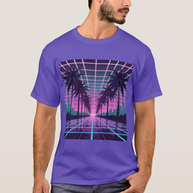 Vaporwave 80s Neon Grid Synthwave Art Poster T-Shirt (Front)