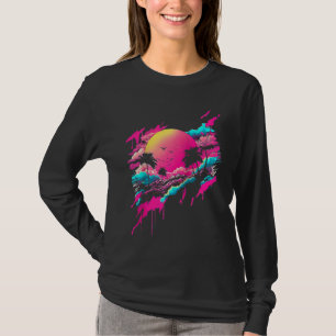 Vaporwave Abstract Landscape Moon Tree Waterfall B T-Shirt