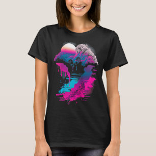 Vaporwave Abstract Landscape Moon Tree Waterfall B T-Shirt