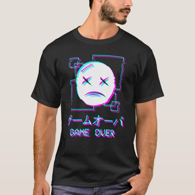 Vaporwave Aesthetic Sad Face Japanese Game Over Ha T-Shirt (Front)