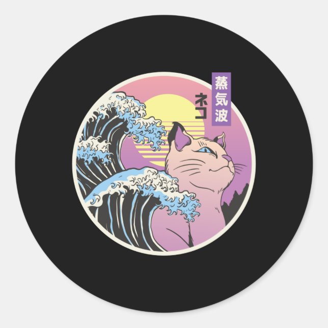 VAPORWAVE CAT CLASSIC ROUND STICKER (Front)