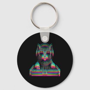 Vaporwave Cat Dj Techno Rave Edm Music Concert Par Key Ring
