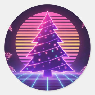 Vaporwave Christmas Tree Neon Sunset Classic Round Sticker
