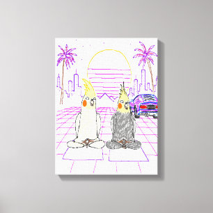 "Vaporwave Cockatiels Retro Sunset Canvas Print" Print