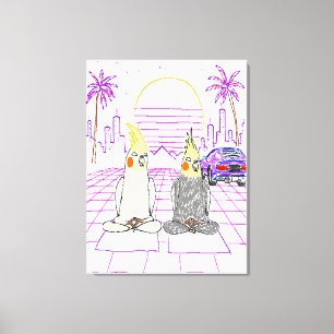 "Vaporwave Cockatiels Retro Sunset Canvas Print" Print