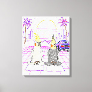 "Vaporwave Cockatiels Retro Sunset Canvas Print" Print