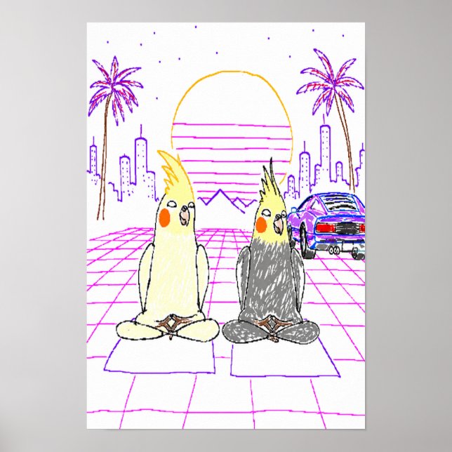 Vaporwave Cockatiels Retro Sunset Poster (Front)