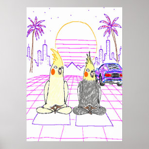 Vaporwave Cockatiels Retro Sunset Poster