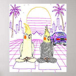 Vaporwave Cockatiels Retro Sunset Poster